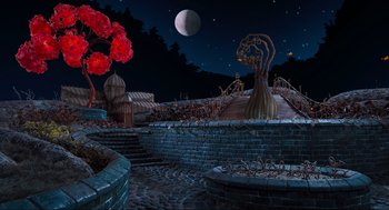 Movie still from “Coraline” (2009), directed by Henry Selick – An artistic rendering of a garden at night with the moon in the background; Extreme Wide shot, High angle