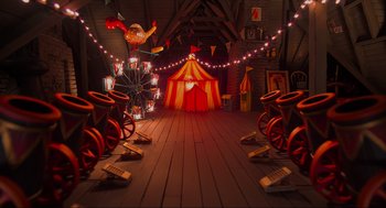 Movie still from “Coraline” (2009), directed by Henry Selick – An amusement park with a ferris wheel and a circus tent; Extreme Wide shot, High angle