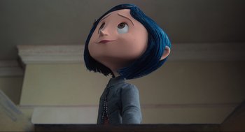Movie still from “Coraline” (2009), directed by Henry Selick – The head of coraline; Medium shot, Over the shoulder angle