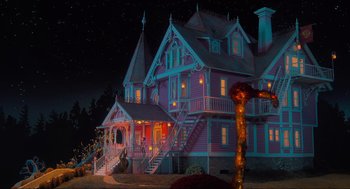 Movie still from “Coraline” (2009), directed by Henry Selick – A house that is lit up at night time; Extreme Wide shot, Low angle