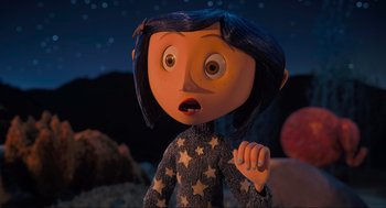 Movie still from “Coraline” (2009), directed by Henry Selick – A cartoon of a girl with a surprised look on her face; Medium shot, High angle
