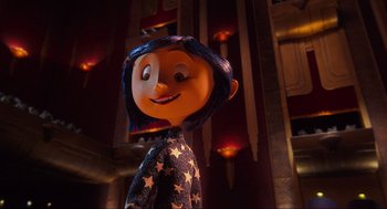Movie still from “Coraline” (2009), directed by Henry Selick – A character from coraline; Medium shot, Low angle