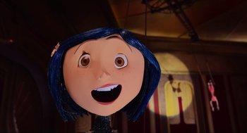 Movie still from “Coraline” (2009), directed by Henry Selick – The face of a woman with blue hair; Close Up shot, Overhead angle