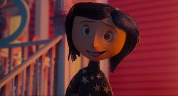 Movie still from “Coraline” (2009), directed by Henry Selick – The head and shoulders of a cartoon character; Close Up shot, Over the shoulder angle