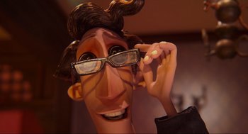 Movie still from “Coraline” (2009), directed by Henry Selick – The face of a man wearing glasses; Close Up shot, Over the shoulder angle
