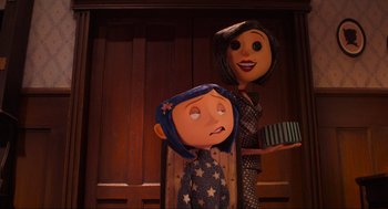 Movie still from “Coraline” (2009), directed by Henry Selick – A statue of a woman holding a box next to an animated character; Medium shot, Over the shoulder angle