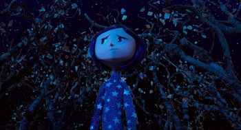 Movie still from “Coraline” (2009), directed by Henry Selick – A person in a blue dress standing next to a tree at night; Medium shot, Low angle