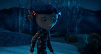 Movie still from “Coraline” (2009), directed by Henry Selick – A blue haired girl is standing in the dark; Medium shot, Over the shoulder angle