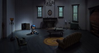 Movie still from “Coraline” (2009), directed by Henry Selick – A living room with a fireplace , couch , and a clock on the wall; Wide shot, High angle