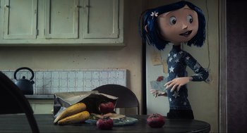 Movie still from “Coraline” (2009), directed by Henry Selick – A cartoon character is standing in front of a table with bananas and tomatoes on it; Medium shot, Over the shoulder angle