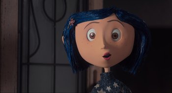 Movie still from “Coraline” (2009), directed by Henry Selick – The eyes of a cartoon character , coraline; Close Up shot, Overhead angle