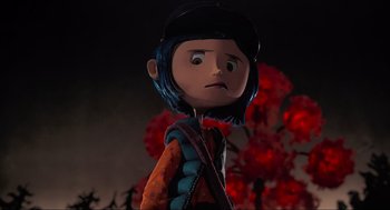 Movie still from “Coraline” (2009), directed by Henry Selick – A cartoon character with blue hair and a black hat; Medium shot, Over the shoulder angle
