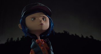 Movie still from “Coraline” (2009), directed by Henry Selick – The head of a cartoon character; Close Up shot, Low angle