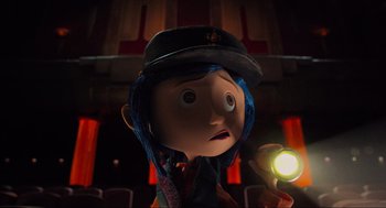 Movie still from “Coraline” (2009), directed by Henry Selick – A cartoon character with a hat on; Medium shot, Low angle