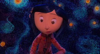 Movie still from “Coraline” (2009), directed by Henry Selick – A cartoon of coraline looking at the camera; Medium shot, Overhead angle