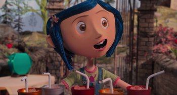 Movie still from “Coraline” (2009), directed by Henry Selick – A girl with blue hair is drinking juice from cups; Medium shot, Over the shoulder angle