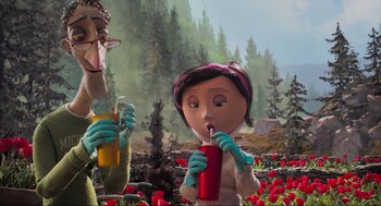 Movie still from “Coraline” (2009), directed by Henry Selick – An image of an animated character drinking a soda; Medium shot, High angle