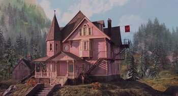 Movie still from “Coraline” (2009), directed by Henry Selick – A pink house with a flag flying on top of it's roof; Extreme Wide shot, Low angle