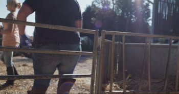 Movie still from “Cow” (2021), directed by Andrea Arnold – A person standing in front of a fence; Medium shot, Low angle