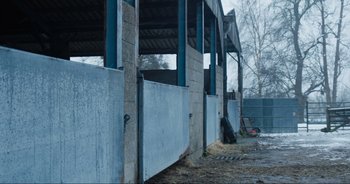 Movie still from “Cow” (2021), directed by Andrea Arnold – A barn with a fence and a door open; Wide shot, Low angle