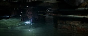 Movie still from “Crawl” (2019), directed by Alexandre Aja – A woman in the water holding a flashlight; Medium shot, High angle