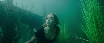 Movie still from “Crawl” (2019), directed by Alexandre Aja – A woman in a black shirt is underwater; Medium shot, Low angle