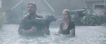 Movie still from “Crawl” (2019), directed by Alexandre Aja – A man and a woman in a body of water with a dog; Wide shot, Low angle