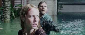 Movie still from “Crawl” (2019), directed by Alexandre Aja – A man and a woman in the water with a black dog; Medium shot, Over the shoulder angle