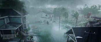 Movie still from “Crawl” (2019), directed by Alexandre Aja – A house in the middle of a flooded area; Extreme Wide shot, High angle