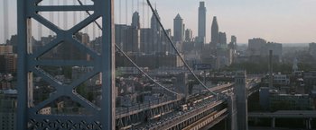 Movie still from “Creed” (2015), directed by Ryan Coogler – A view of a city from a bridge; Extreme Wide shot, High angle