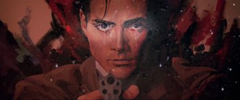 Movie still from “Crying Freeman” (1995), directed by Christophe Gans – A painting of a man holding a gun in front of him; Close Up shot, Low angle