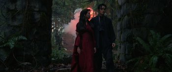 Movie still from “Crying Freeman” (1995), directed by Christophe Gans – A man and a woman standing next to each other in the woods; Medium shot, Low angle