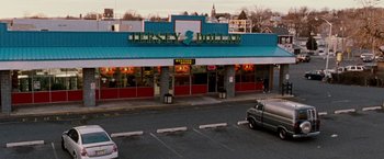 Movie still from “The Wrestler” (2008), directed by Darren Aronofsky – A car parked on the side of the road in front of a store; Extreme Wide shot, High angle