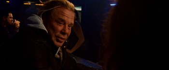 Movie still from “The Wrestler” (2008), directed by Darren Aronofsky – A man sitting in a car with his eyes wide open; Close Up shot, Over the shoulder angle