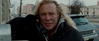 Movie still from “The Wrestler” (2008), directed by Darren Aronofsky – A person wearing a jacket; Close Up shot, Low angle