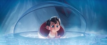 Movie still from “DC League of Super-Pets” (2022), directed by Jared Stern – An animated baby is sitting in a tunnel; Medium shot, High angle
