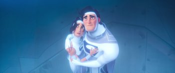 Movie still from “DC League of Super-Pets” (2022), directed by Jared Stern – A man and a woman are standing together in the water; Medium shot, Overhead angle