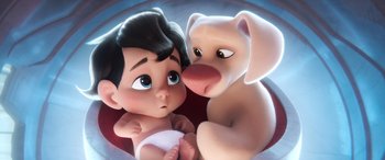 Movie still from “DC League of Super-Pets” (2022), directed by Jared Stern – A boy and a dog are sitting next to each other; Close Up shot, High angle