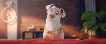 Movie still from “DC League of Super-Pets” (2022), directed by Jared Stern – A dog wearing a gold collar sitting on top of a bed; Close Up shot, High angle