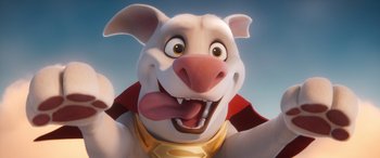 Movie still from “DC League of Super-Pets” (2022), directed by Jared Stern – A cartoon character's face with his tongue hanging out; Close Up shot, Low angle