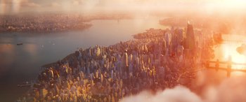 Movie still from “DC League of Super-Pets” (2022), directed by Jared Stern – An aerial view of a large city at sunset; Extreme Wide shot, High angle