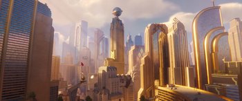 Movie still from “DC League of Super-Pets” (2022), directed by Jared Stern – An animated scene of a city with a flying saucer on top of it; Extreme Wide shot, High angle