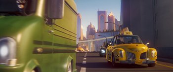 Movie still from “DC League of Super-Pets” (2022), directed by Jared Stern – A yellow taxi cab driving down a street; Extreme Wide shot, Low angle