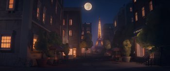 Movie still from “DC League of Super-Pets” (2022), directed by Jared Stern – An illustration of an eiffel tower at night with the moon; Extreme Wide shot, High angle