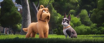 Movie still from “DC League of Super-Pets” (2022), directed by Jared Stern – Two cartoon dogs standing next to each other in the grass; Wide shot, Low angle