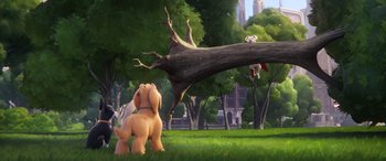 Movie still from “DC League of Super-Pets” (2022), directed by Jared Stern – A painting of a dog looking at a tree branch; Extreme Wide shot, Low angle