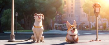Movie still from “DC League of Super-Pets” (2022), directed by Jared Stern – Two dogs are sitting on the sidewalk in front of some buildings; Wide shot, Over the shoulder angle