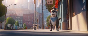 Movie still from “DC League of Super-Pets” (2022), directed by Jared Stern – A dog walking down the street in a city; Wide shot, Low angle