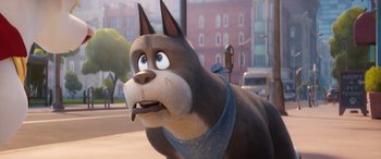 Movie still from “DC League of Super-Pets” (2022), directed by Jared Stern – A cartoon dog with a blue bandana around its neck; Close Up shot, High angle