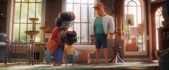Movie still from “DC League of Super-Pets” (2022), directed by Jared Stern – A woman and a child standing next to a man; Wide shot, Over the shoulder angle